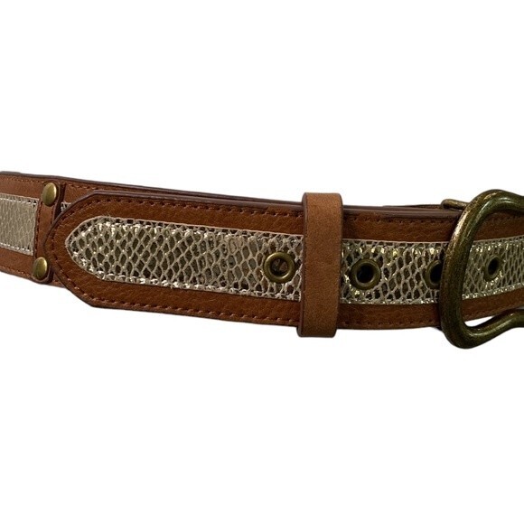 Chico\'s Shiny Gold Faux Snakeskin Brown Leather Belt Antique Brass Hook Buckle main image 11